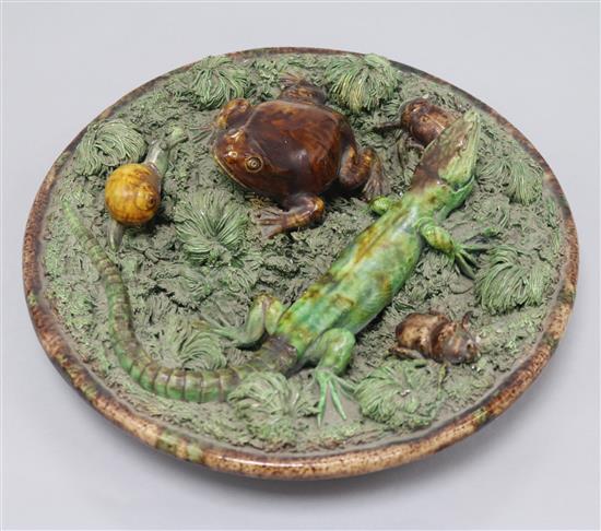 A Majolica palissy frog and lizard plaque